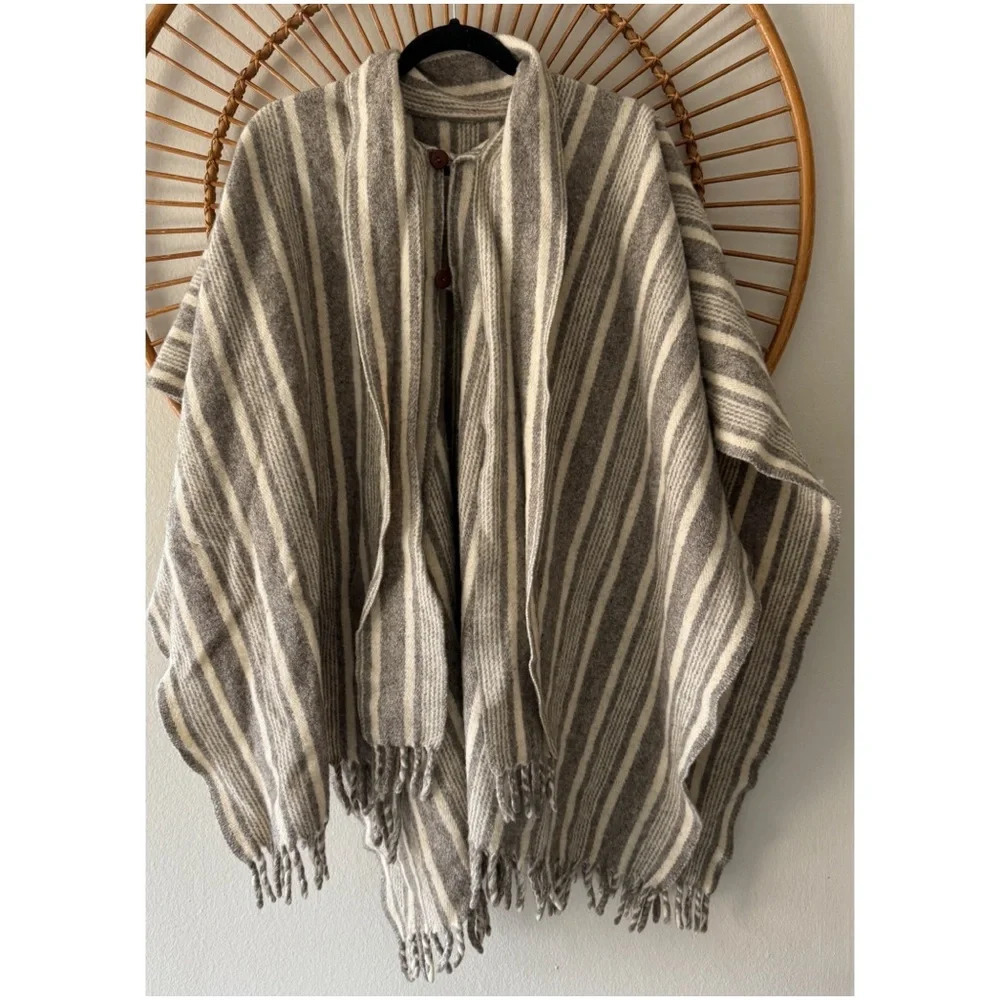 Wool fringe striped poncho built in scarf One size